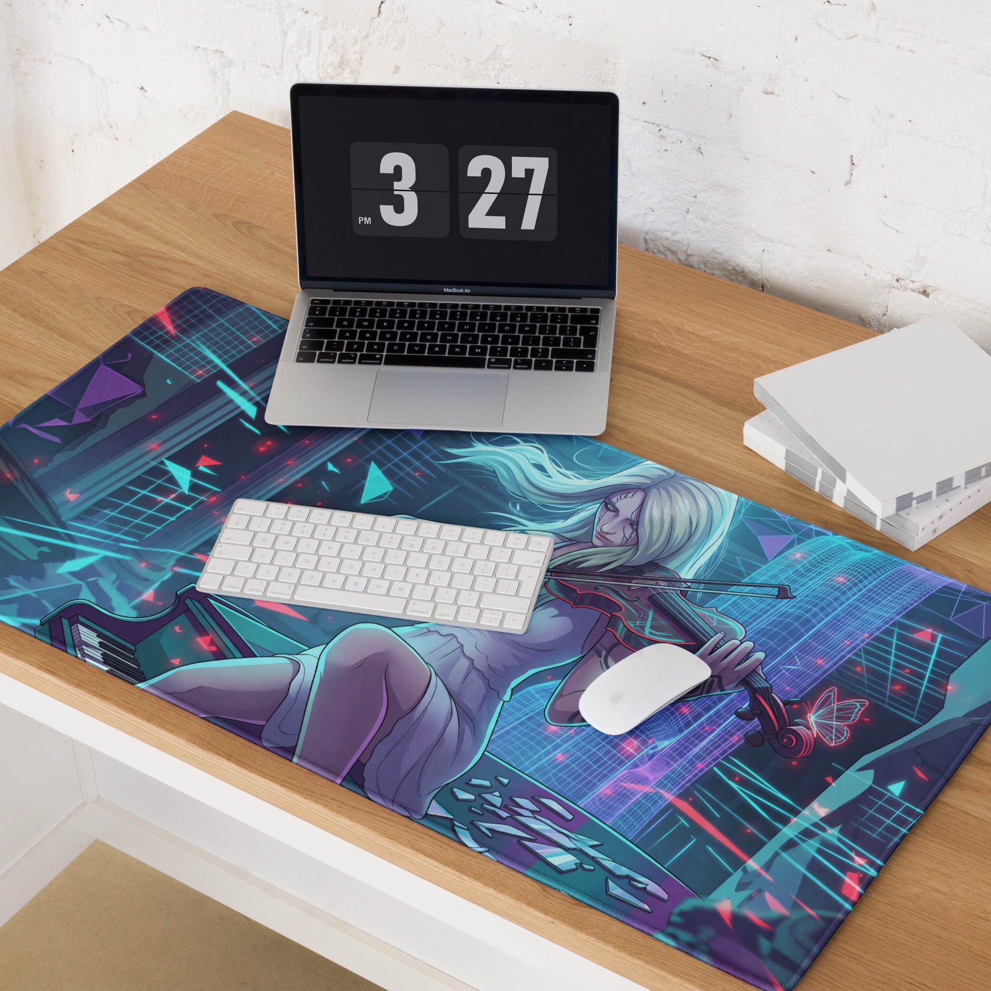 Navy blue and teal vaporwave neon violinist mouse pad with stylized blonde anime girl playing violin on digital grid