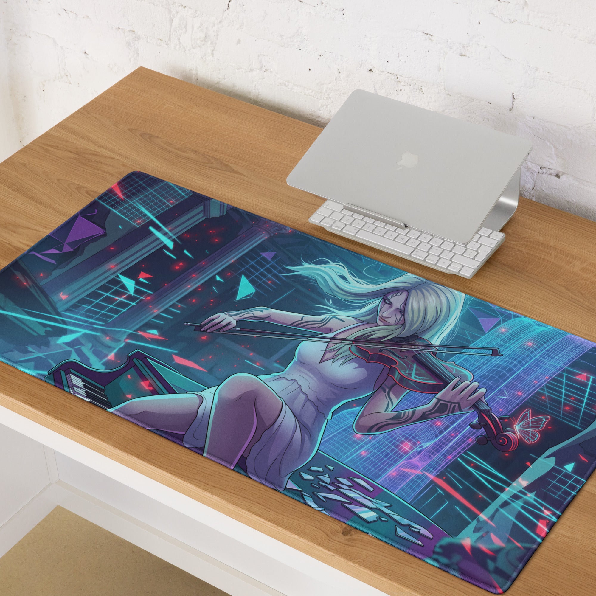 Navy blue and teal vaporwave neon violinist gaming mouse pad with blonde anime violinist in futuristic cityscape design