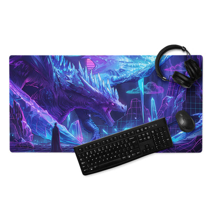 Neon dragon vaporwave gaming mouse pad with vibrant purple and blue neon dragon and futuristic crystalline design