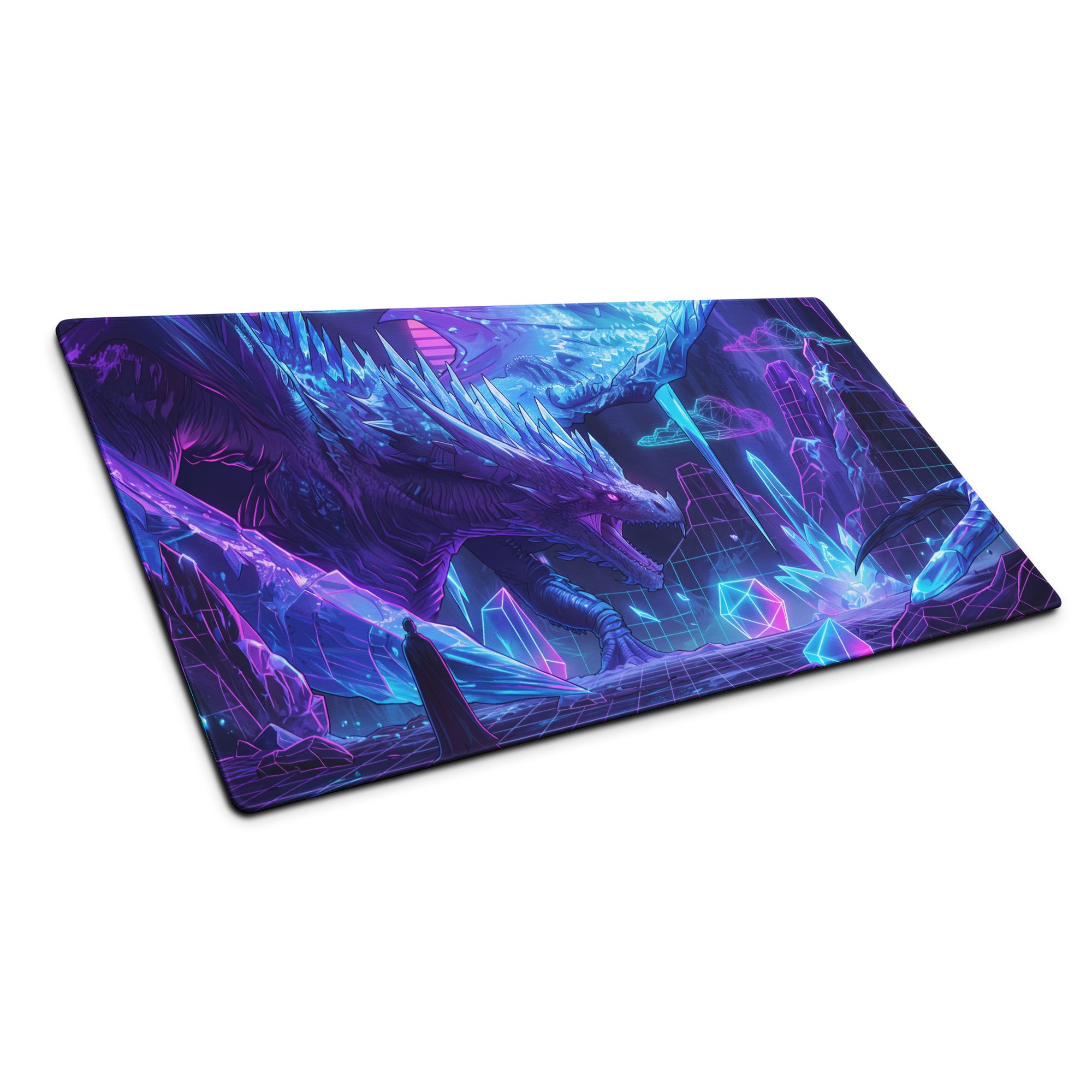 Neon dragon vaporwave rectangular gaming mousepad with vibrant purple and blue glowing dragon design for cyberpunk mood