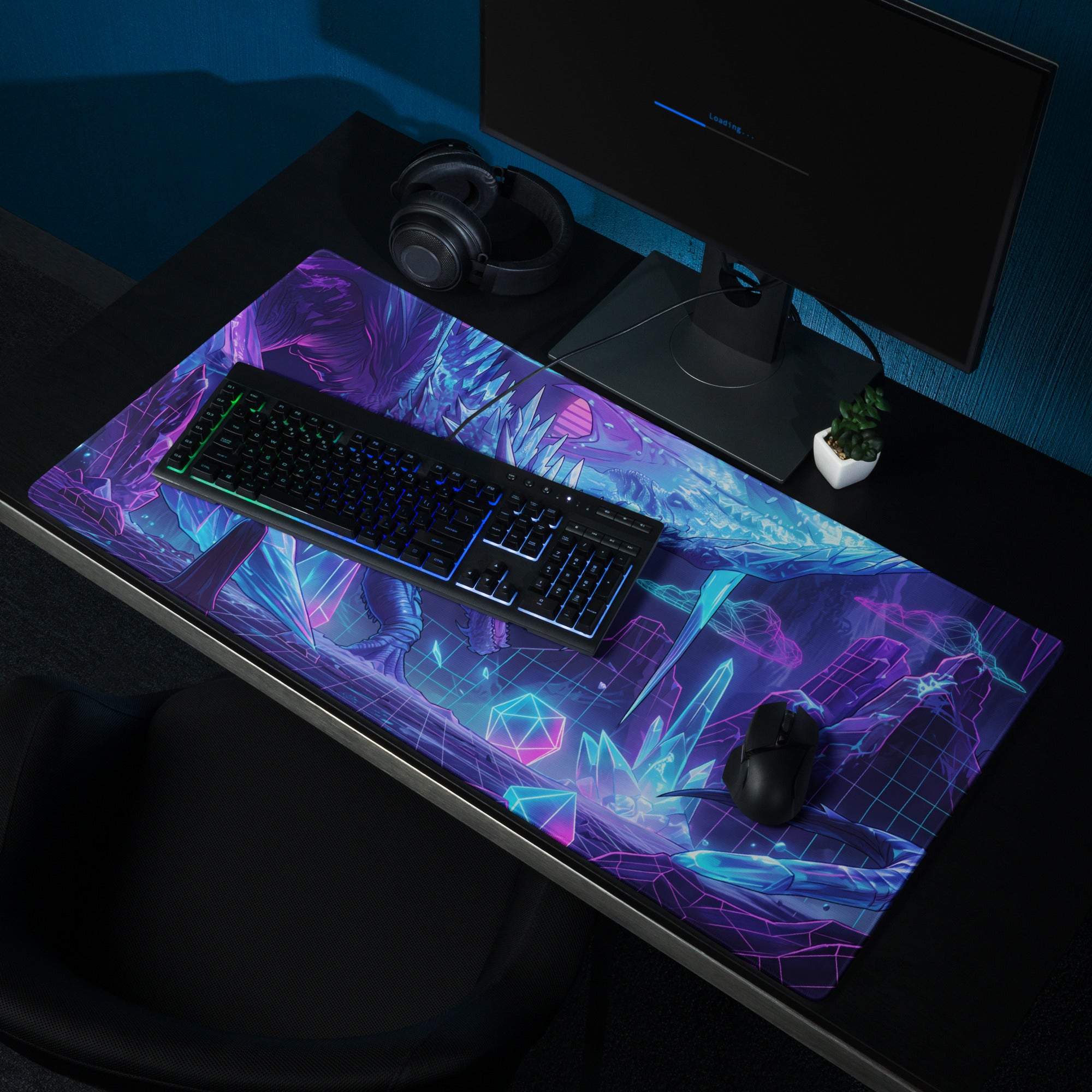 Neon dragon vaporwave gaming mouse pad with vibrant purple blue crystalline design and glowing neon accents for gamers