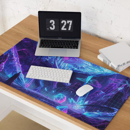 Vibrant purple and blue neon dragon-themed vaporwave gaming mouse pad with geometric patterns and retro cyberpunk design
