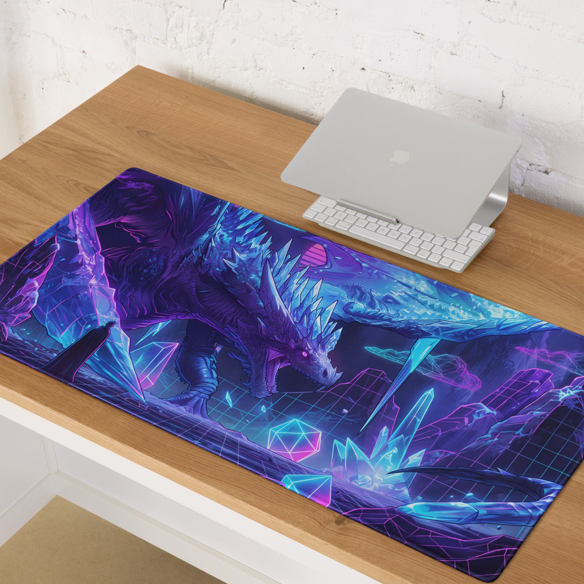 Neon Dragon vaporwave gaming mousepad with vibrant purple and blue dragon design and glowing crystal accents