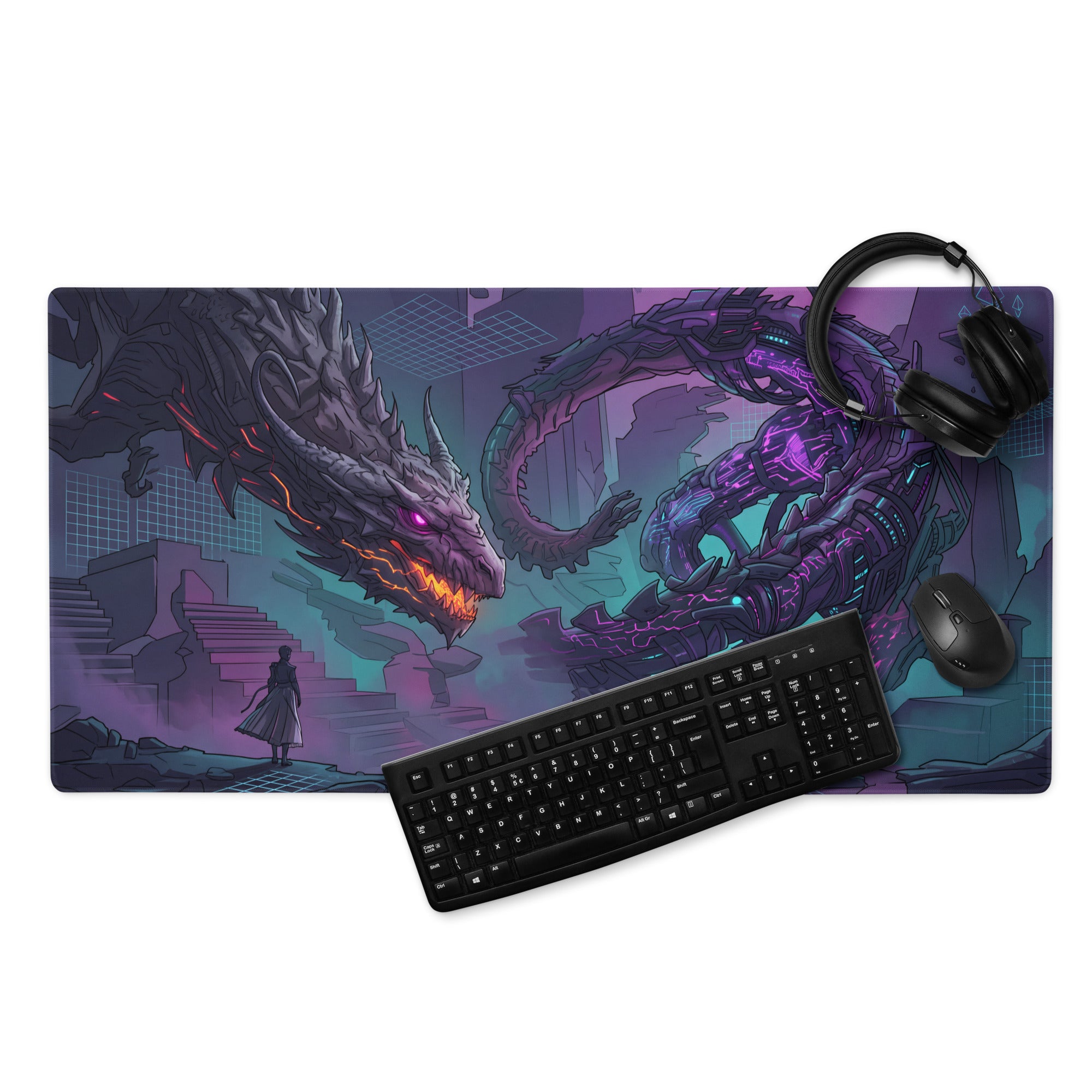 Rectangular gaming mousepad with neon purple and blue cyberpunk dragon illustration for vaporwave desk setup