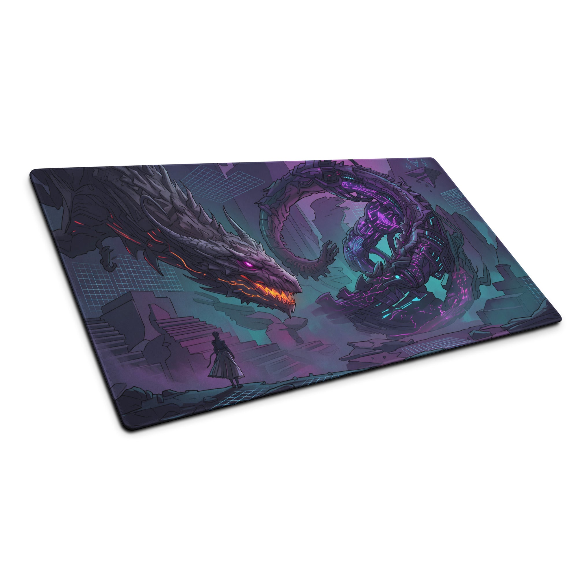 Neon dragon vaporwave rectangular gaming mousepad with vivid fiery and cybernetic dragons on a dark ruin backdrop