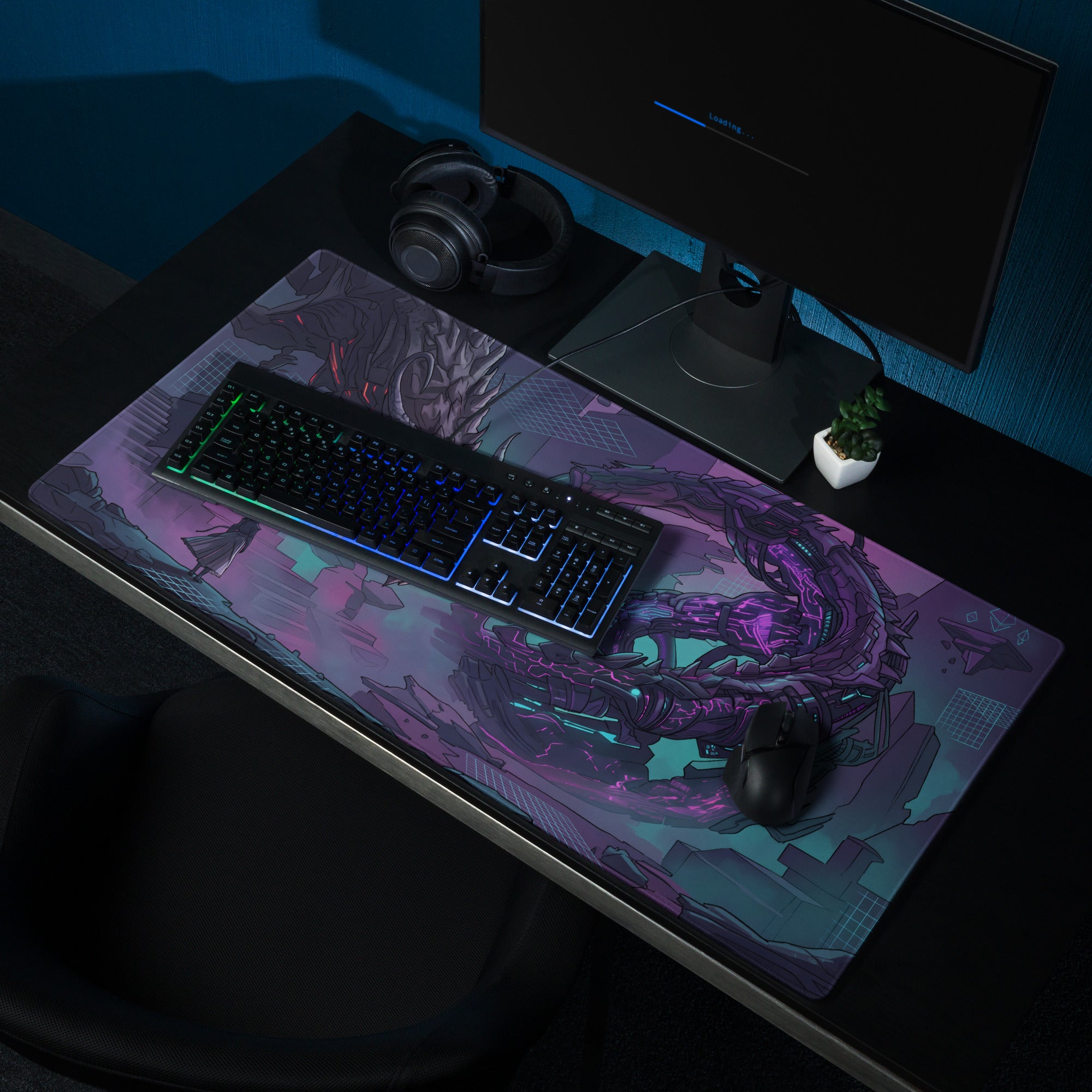 A vibrant purple and teal neon dragon vaporwave gaming mouse pad with a mechanical dragon illustration and cyberpunk design