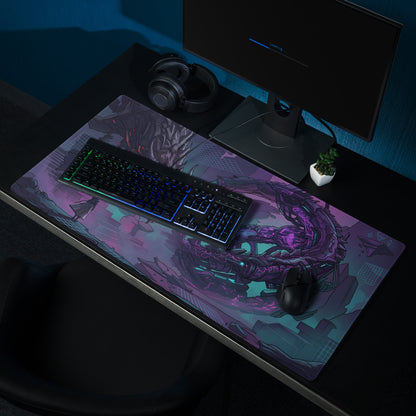 A vibrant purple and teal neon dragon vaporwave gaming mouse pad with a mechanical dragon illustration and cyberpunk design