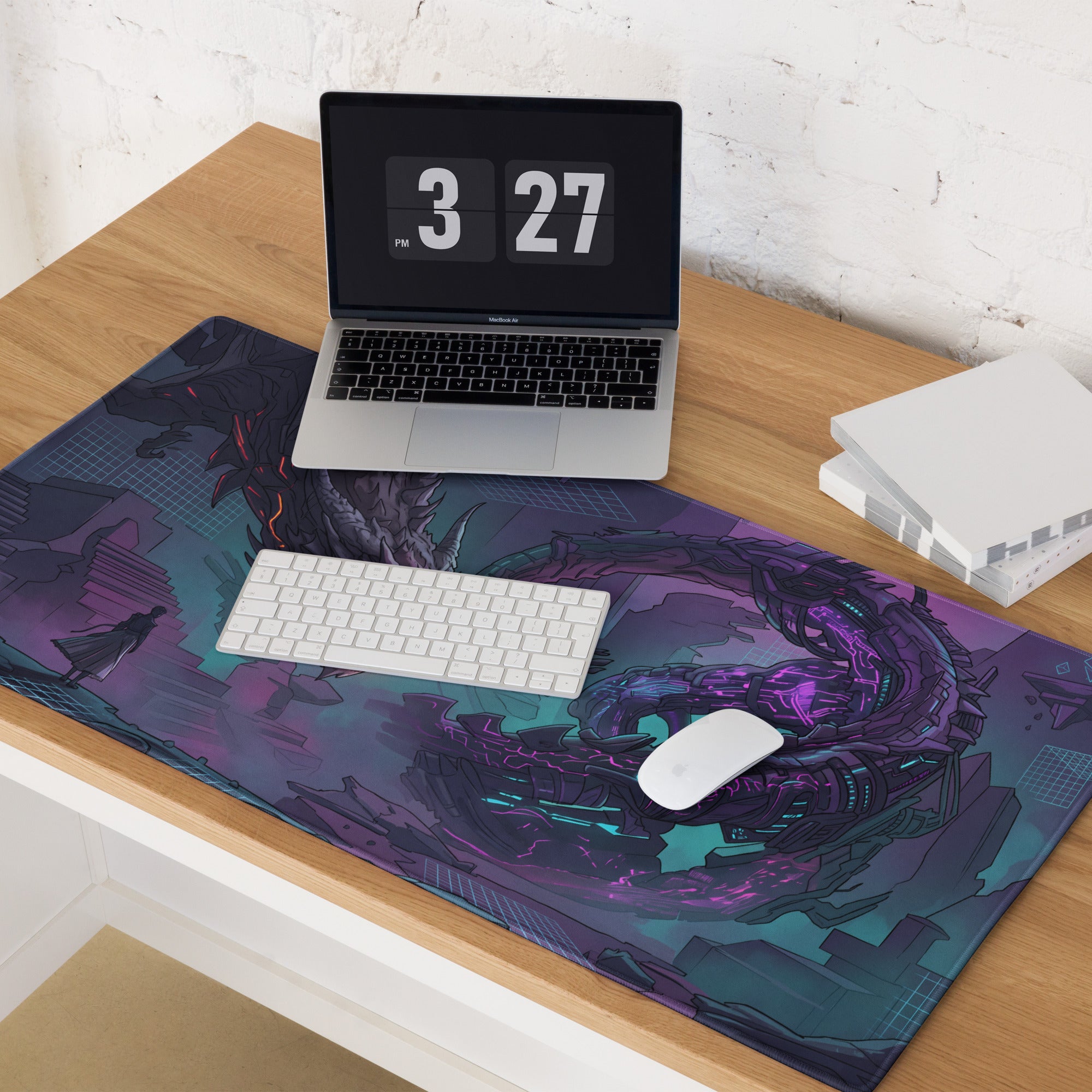 Neon dragon vaporwave gaming mouse pad with purple and teal cyberpunk dragon design and glossy finish for desk setup