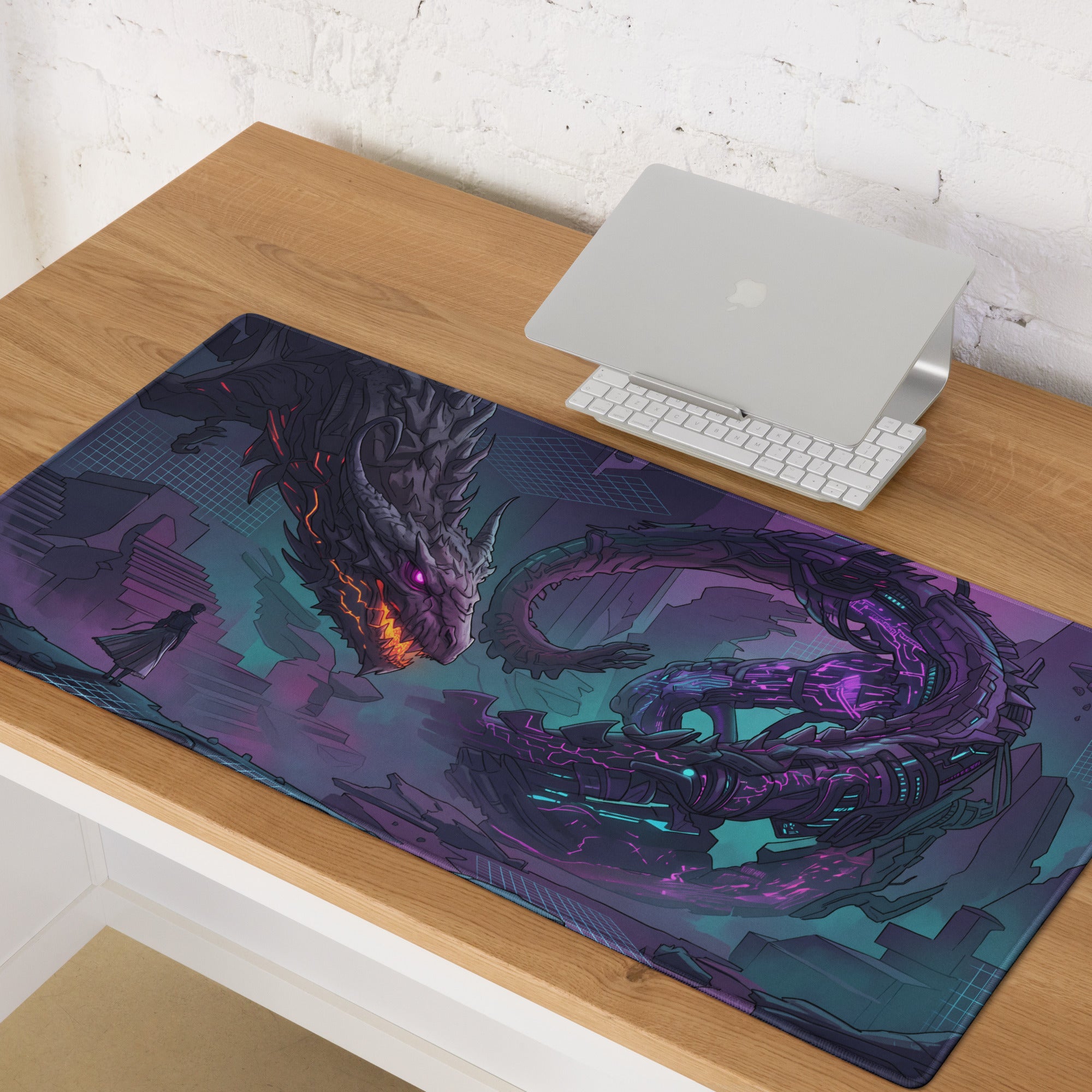 Neon dragon vaporwave gaming mousepad with dark cyberpunk dragon illustration and glowing purple orange accents