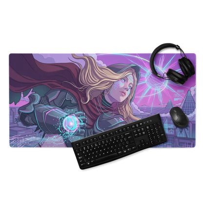 A vibrant purple and pink neon vaporwave gaming mousepad with a futuristic female character and black keyboard and mouse