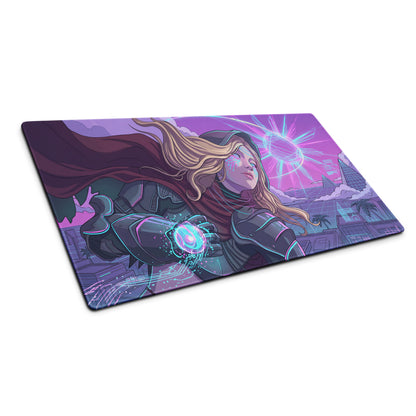 Neon vaporwave mouse pad with purple and pink colors featuring a futuristic female character holding a glowing orb