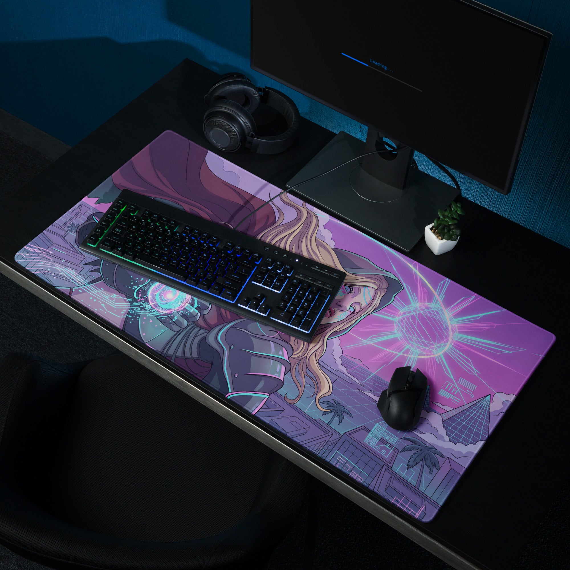 Vibrant purple and pink neon vaporwave gaming mouse pad with anime character in futuristic armor and glowing effects