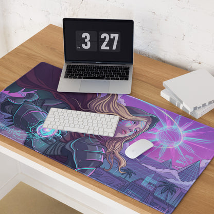 Neon vaporwave mouse pad with purple pink blue neon colors featuring a stylized fantasy character in futuristic armor