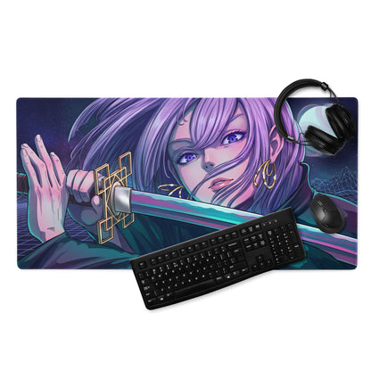 Vaporwave neon night mouse pad with purple-haired anime warrior holding a golden sword against a starry sky