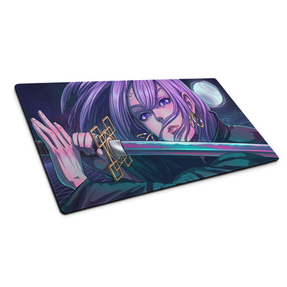 Vaporwave neon night mouse pad featuring a purple-haired anime character with glowing blue eyes and golden sword details