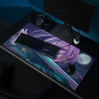 Vaporwave neon night gaming mousepad with purple pink anime character and glowing eyes on a dark teal accented background
