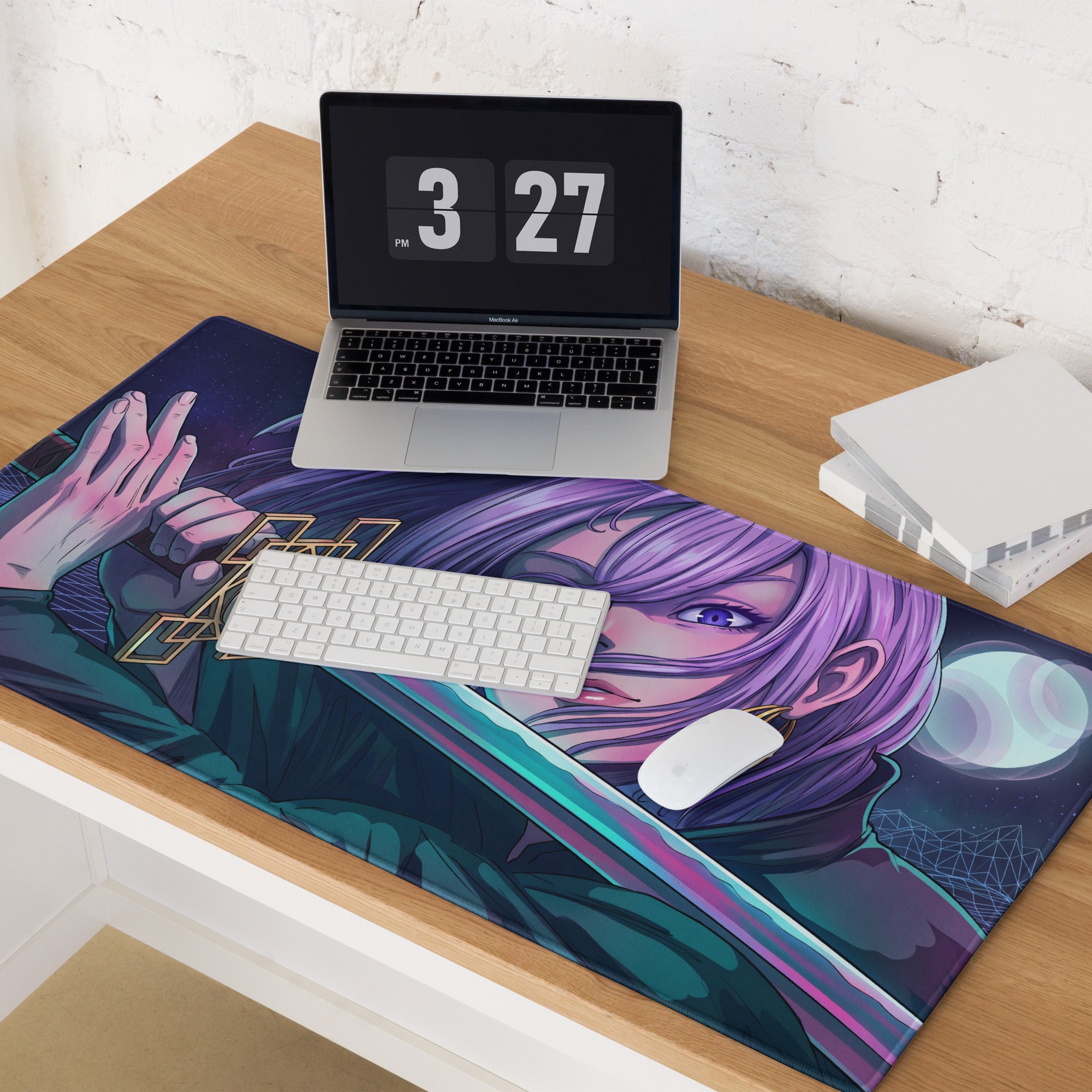 Purple-haired anime character illustrated on dark blue teal vaporwave neon night gaming mouse pad with gold accents