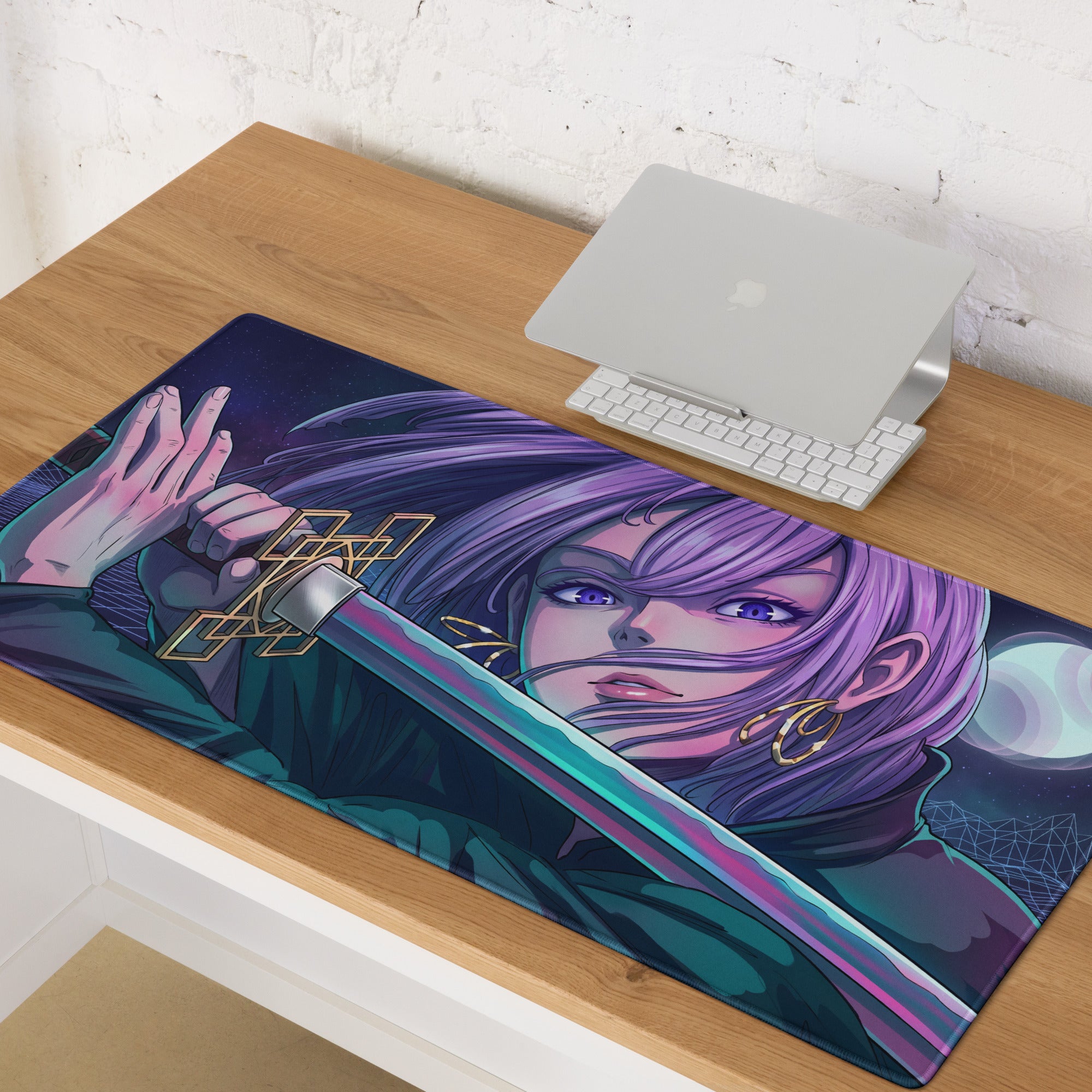 Purple-haired anime warrior with glowing sword on dark blue and teal vaporwave neon night mouse pad
