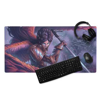 Rectangular gaming mousepad with detailed armored angelic warrior illustration on purple orange vaporwave neon backdrop