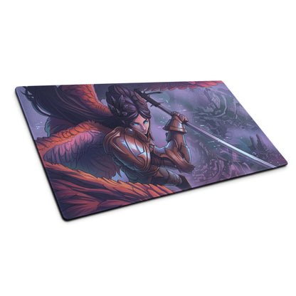 Rectangular vaporwave neon valkyrie mouse pad with vibrant purple and orange armored winged warrior illustration on smooth surface