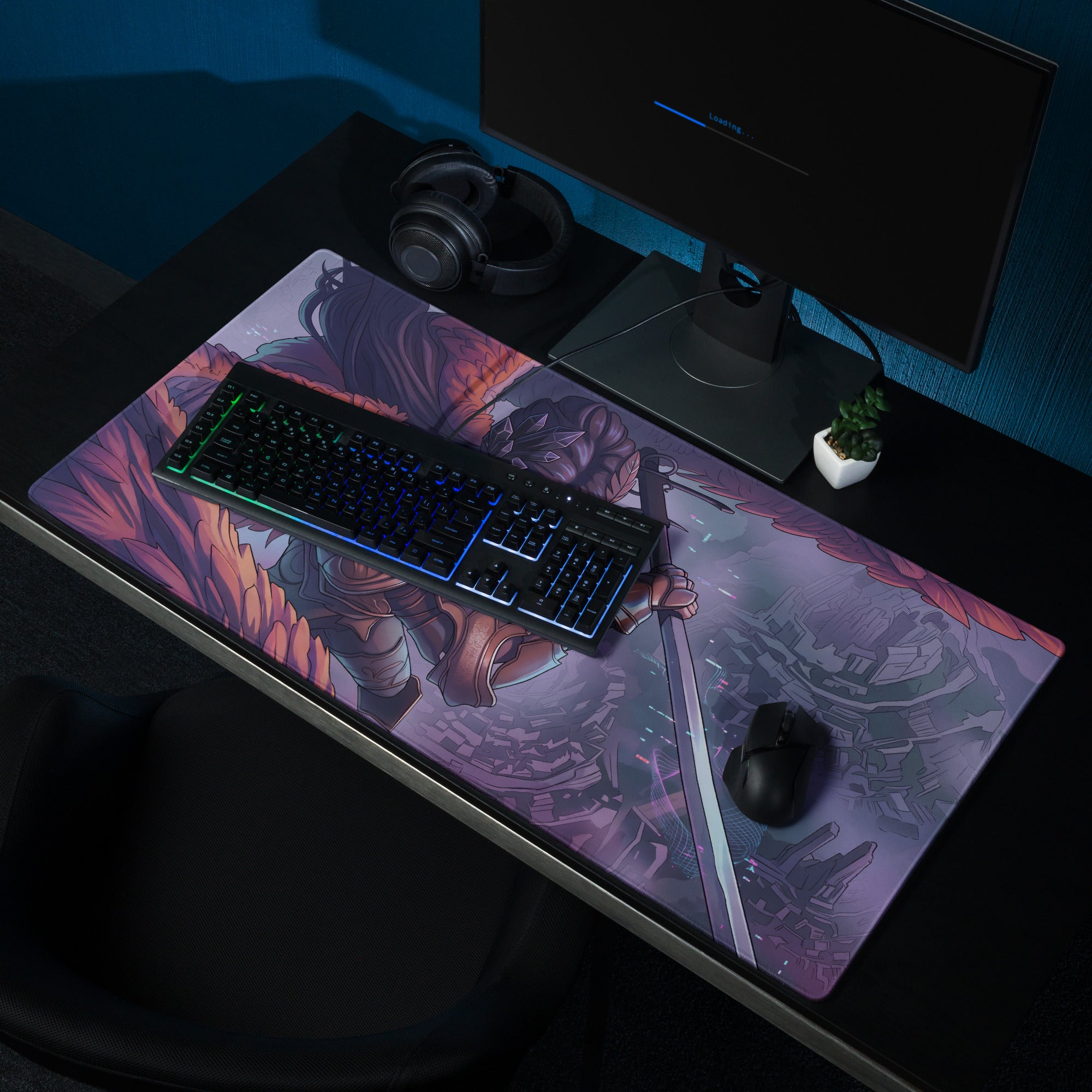 Vaporwave neon valkyrie mouse pad featuring a vibrant purple pink and orange anime warrior design for gaming
