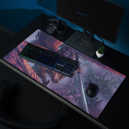 Vaporwave neon valkyrie mouse pad featuring a vibrant purple pink and orange anime warrior design for gaming