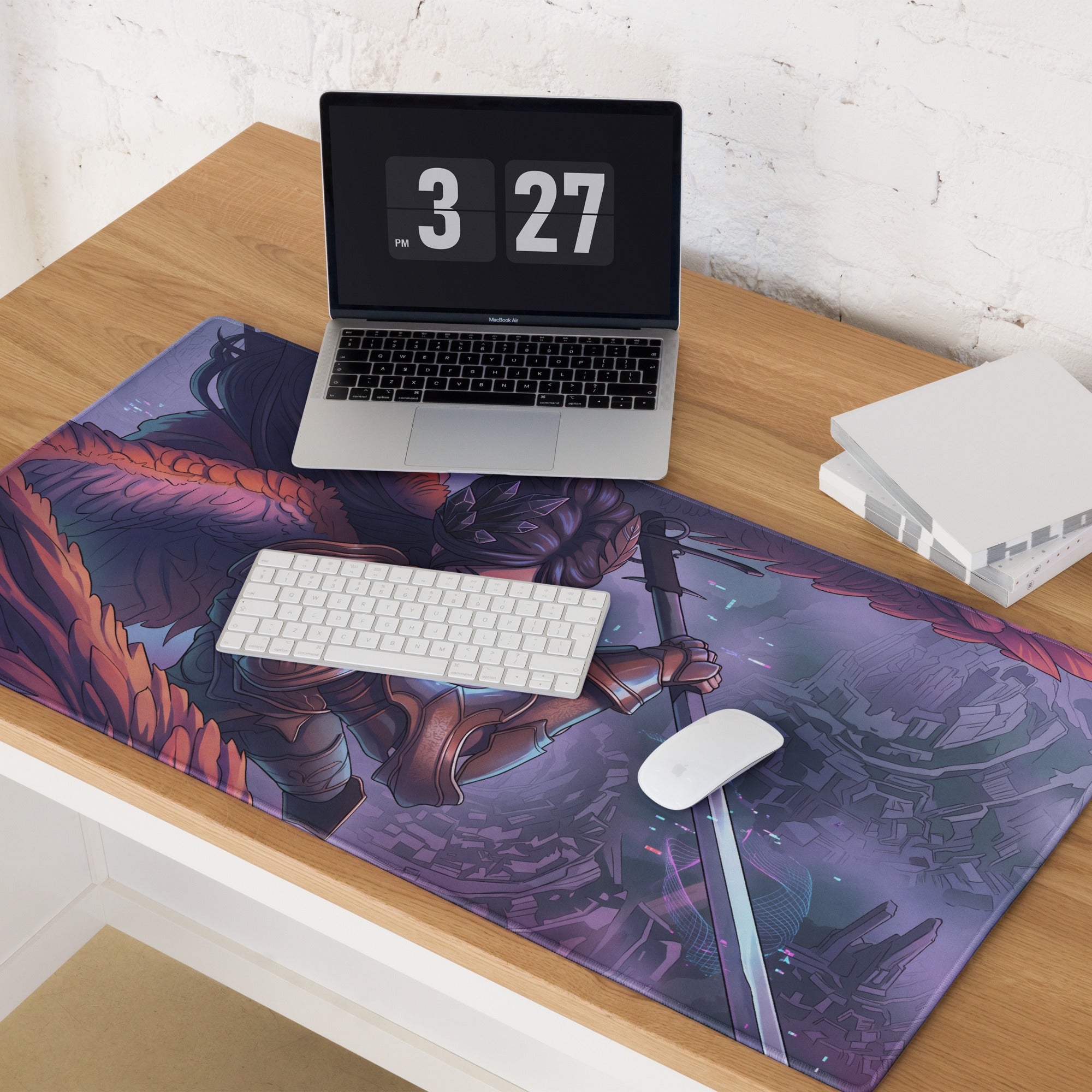 Purple and orange vaporwave neon valkyrie mouse pad with armored warriors illustration for gaming and decor
