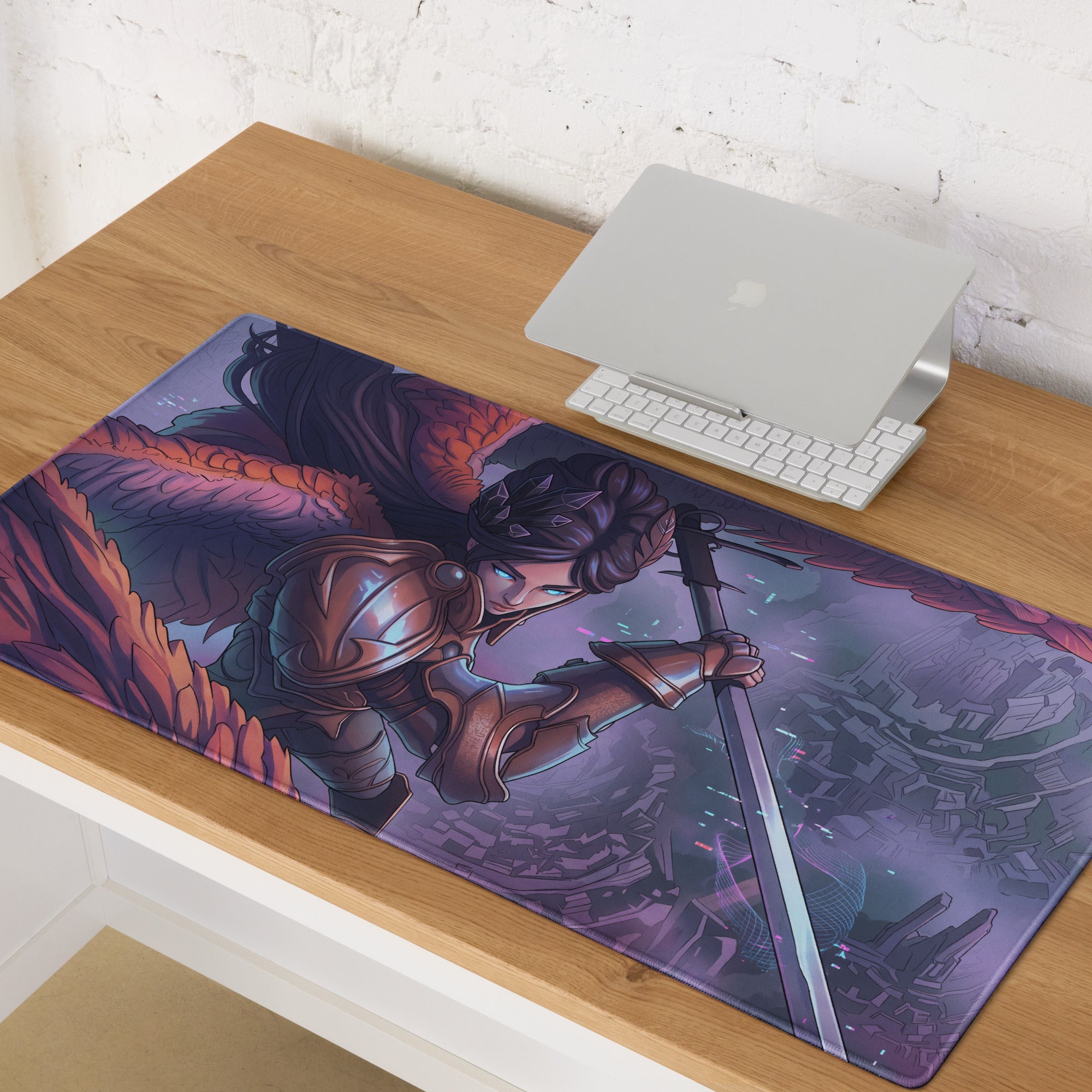 Rectangular purple neon gaming mousepad with armored angelic warrior and fiery orange wings vaporwave decor