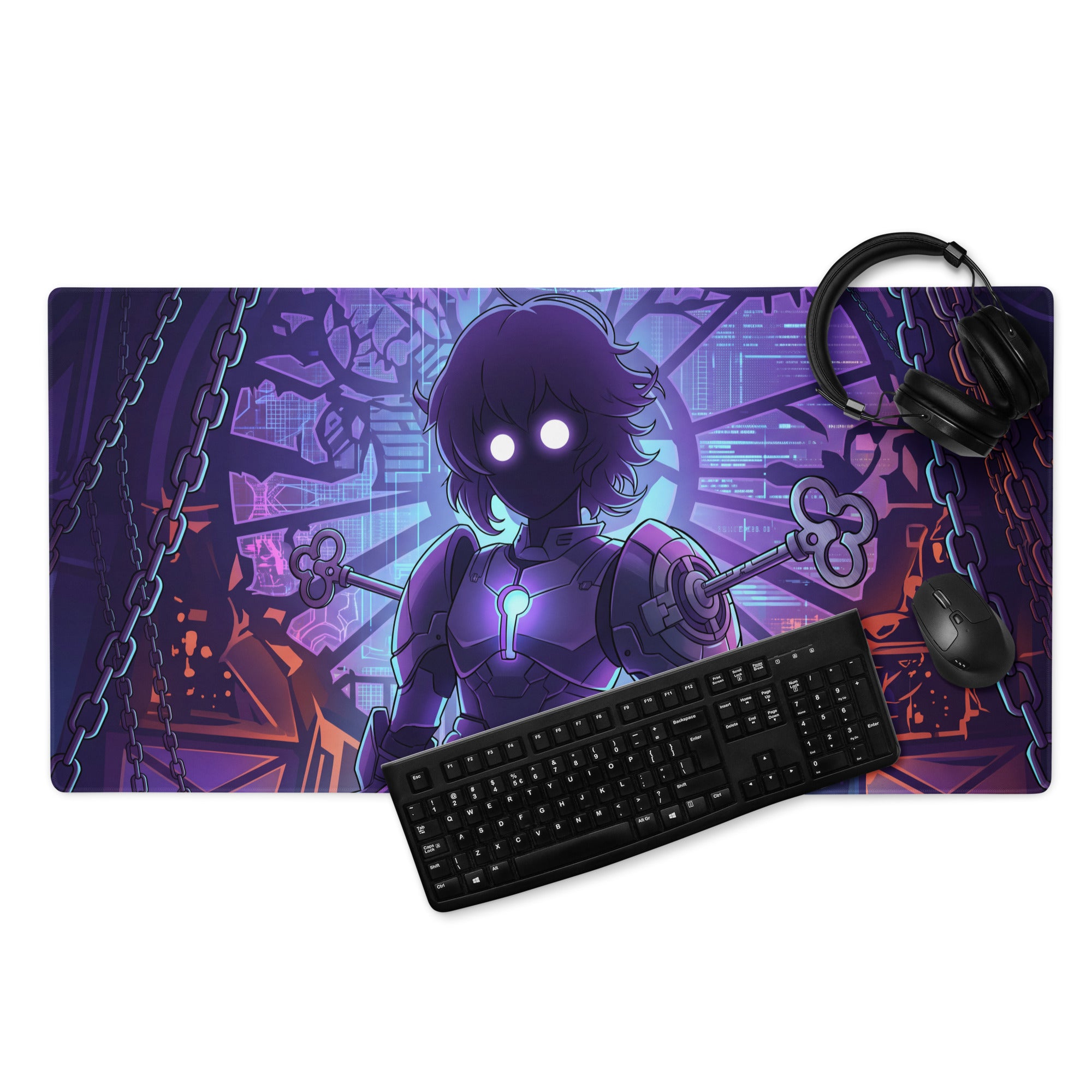 Purple and black vaporwave neon hero gaming mouse pad with armored character holding keys on cyberpunk backdrop