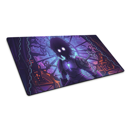 Purple and black illustrated gaming mousepad with armored character holding keys against chains and neon architecture background