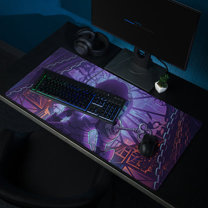 Purple and black anime-themed gaming mousepad with neon cyberpunk hero in armor holding a key for retro setups