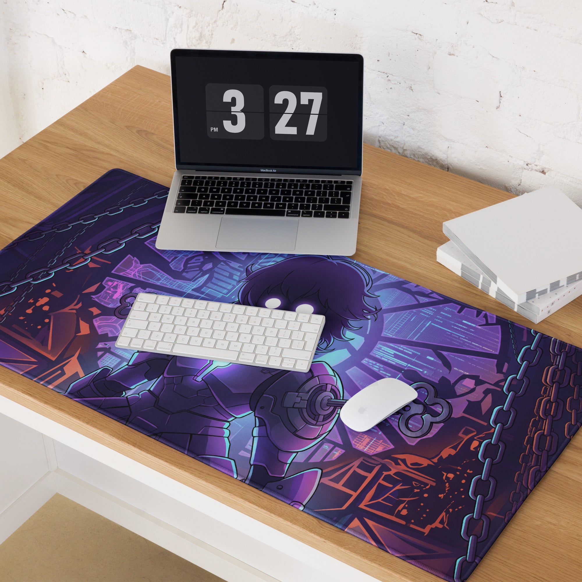 Purple and black vaporwave neon hero mouse pad featuring futuristic armor character with glowing eyes and neon cityscape design