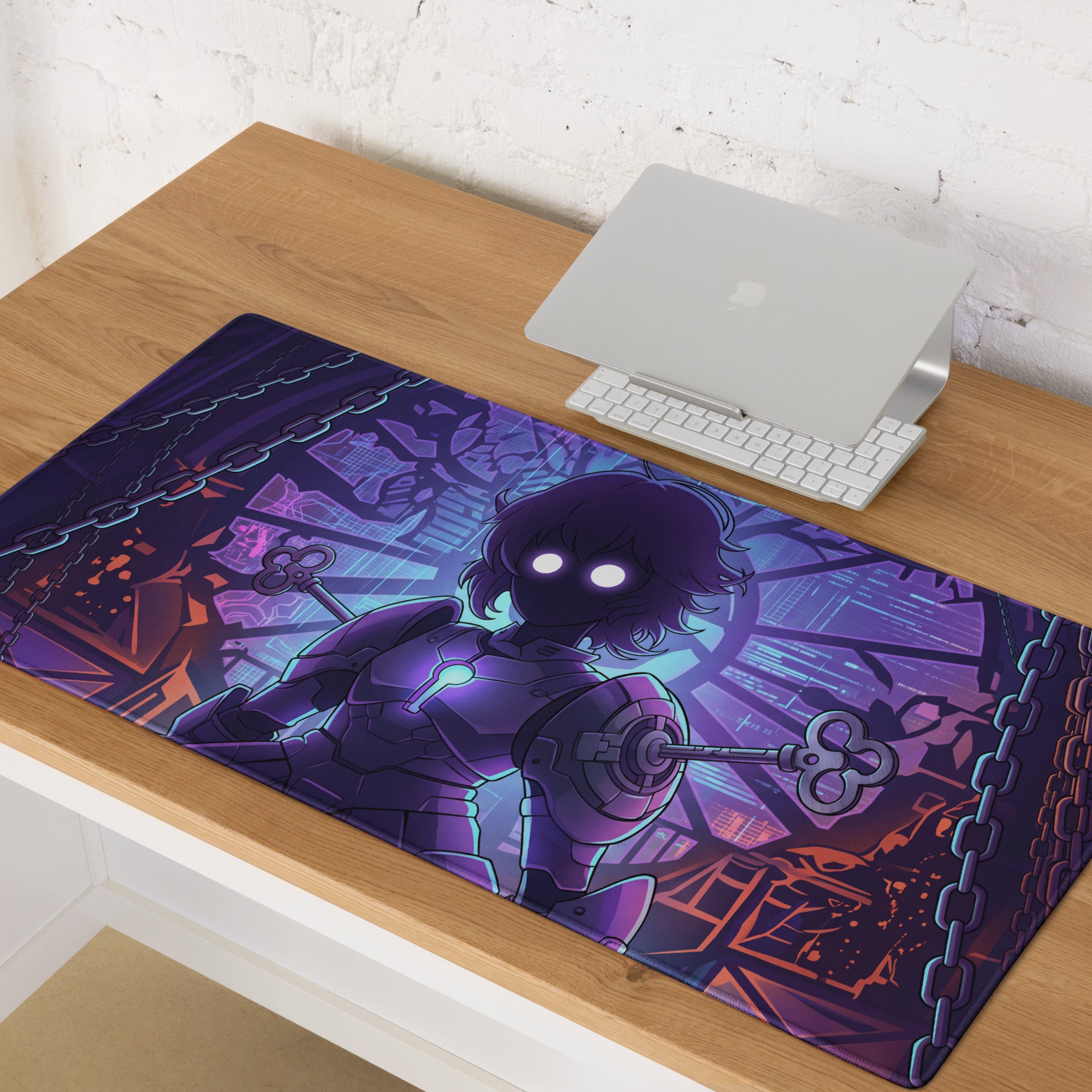 Purple and blue vaporwave neon hero gaming mouse pad with armored character holding keys and chain motifs in cyberpunk style