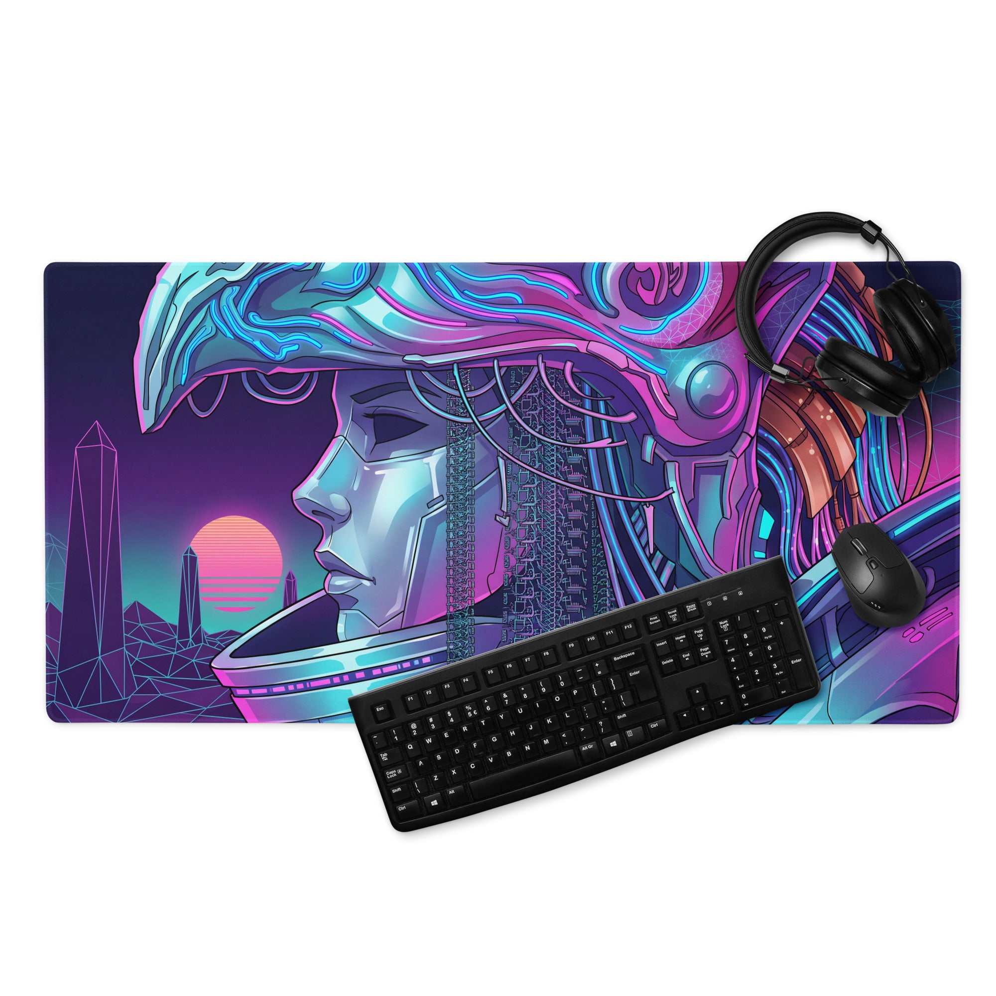 Neon vaporwave cyberpunk mouse pad with vibrant pink and blue colors featuring a futuristic woman in metallic armor