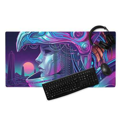 Neon vaporwave cyberpunk mouse pad with vibrant pink and blue colors featuring a futuristic woman in metallic armor