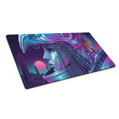 Neon vaporwave cyberpunk mouse pad with vibrant pink and cyan colors featuring a futuristic woman with glowing circuitry details for gaming desk