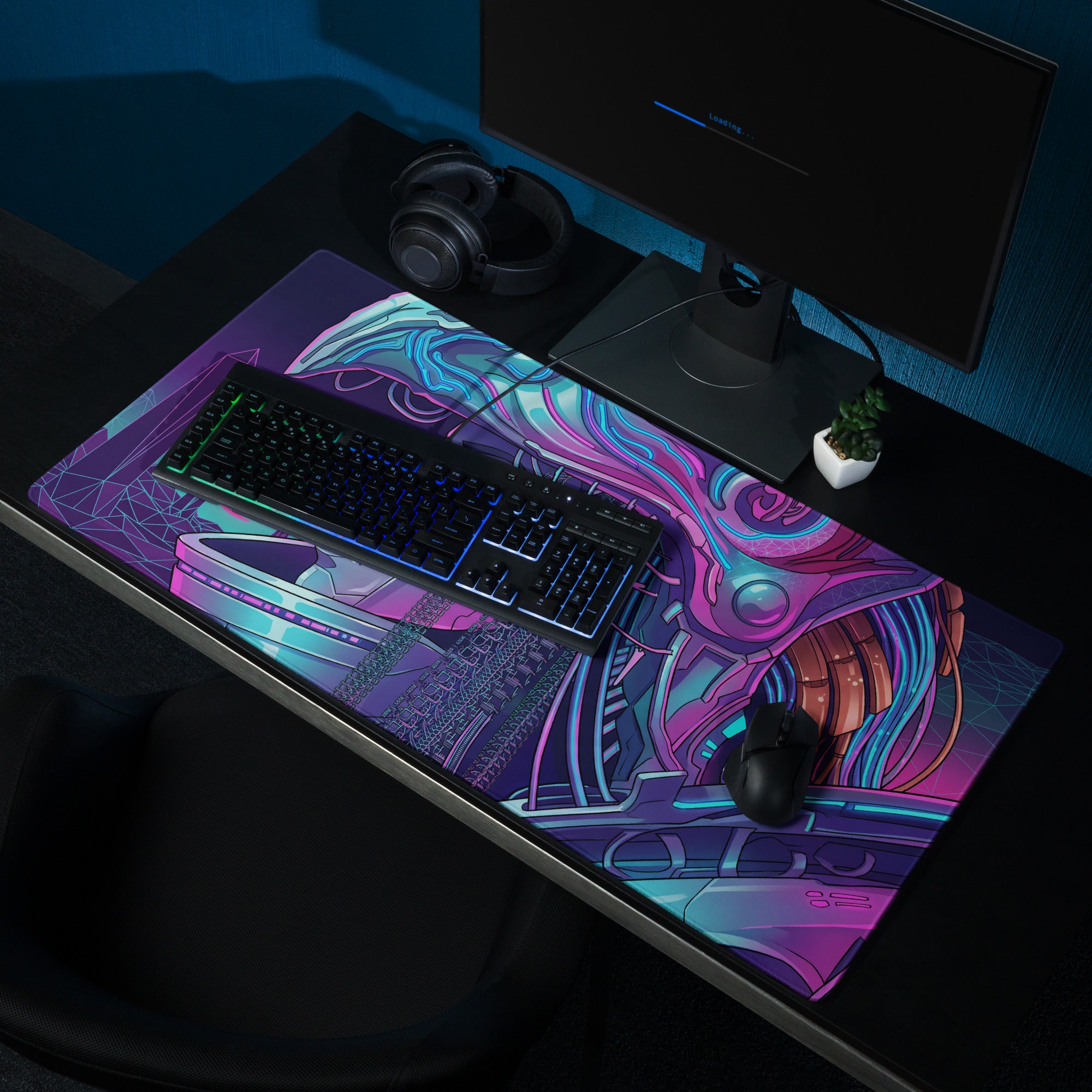 Neon vaporwave cyberpunk gaming mouse pad with vibrant purple and blue circuit board design for gaming desk