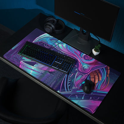Neon vaporwave cyberpunk gaming mouse pad with vibrant purple and blue circuit board design for gaming desk