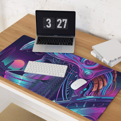 Neon vaporwave cyberpunk mouse pad with vibrant purple and blue alien design for gaming desk vaporwave aesthetic