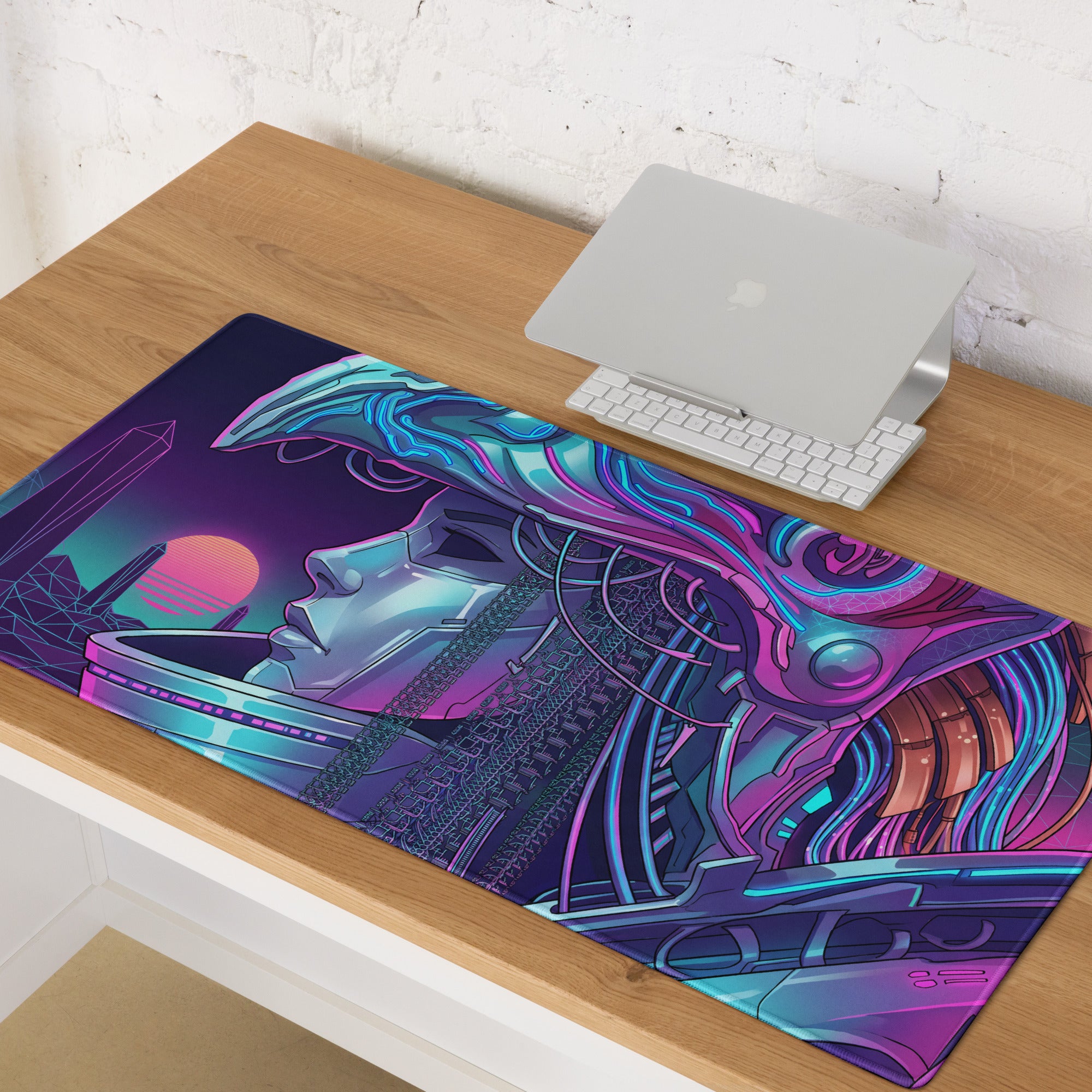 Neon vaporwave cyberpunk gaming mouse pad with vibrant neon pink and teal featuring a futuristic woman design