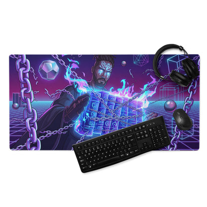 Neon vaporwave warrior gaming mouse pad with vibrant purple blue neon design featuring futuristic character and glowing effects