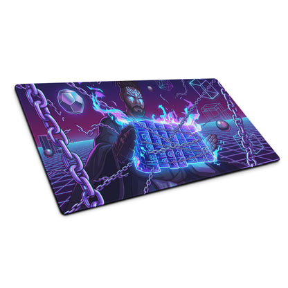 Purple and blue neon-themed gaming mouse pad featuring a futuristic character with chains glowing cubes and digital flames