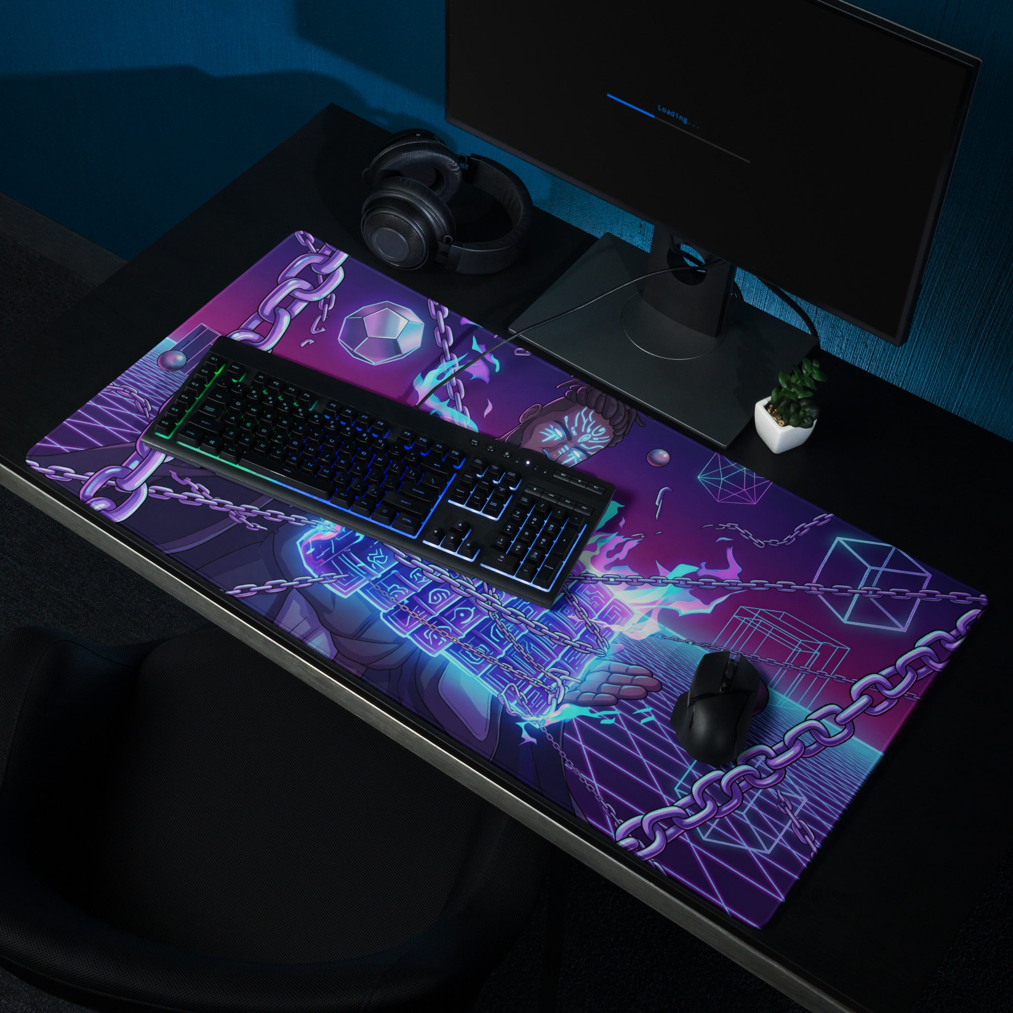 Neon vaporwave warrior gaming mouse pad with purple and blue neon geometric shapes and fantasy character design