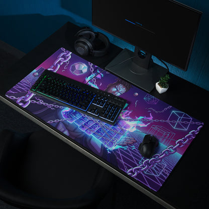 Neon vaporwave warrior gaming mouse pad with purple and blue neon geometric shapes and fantasy character design