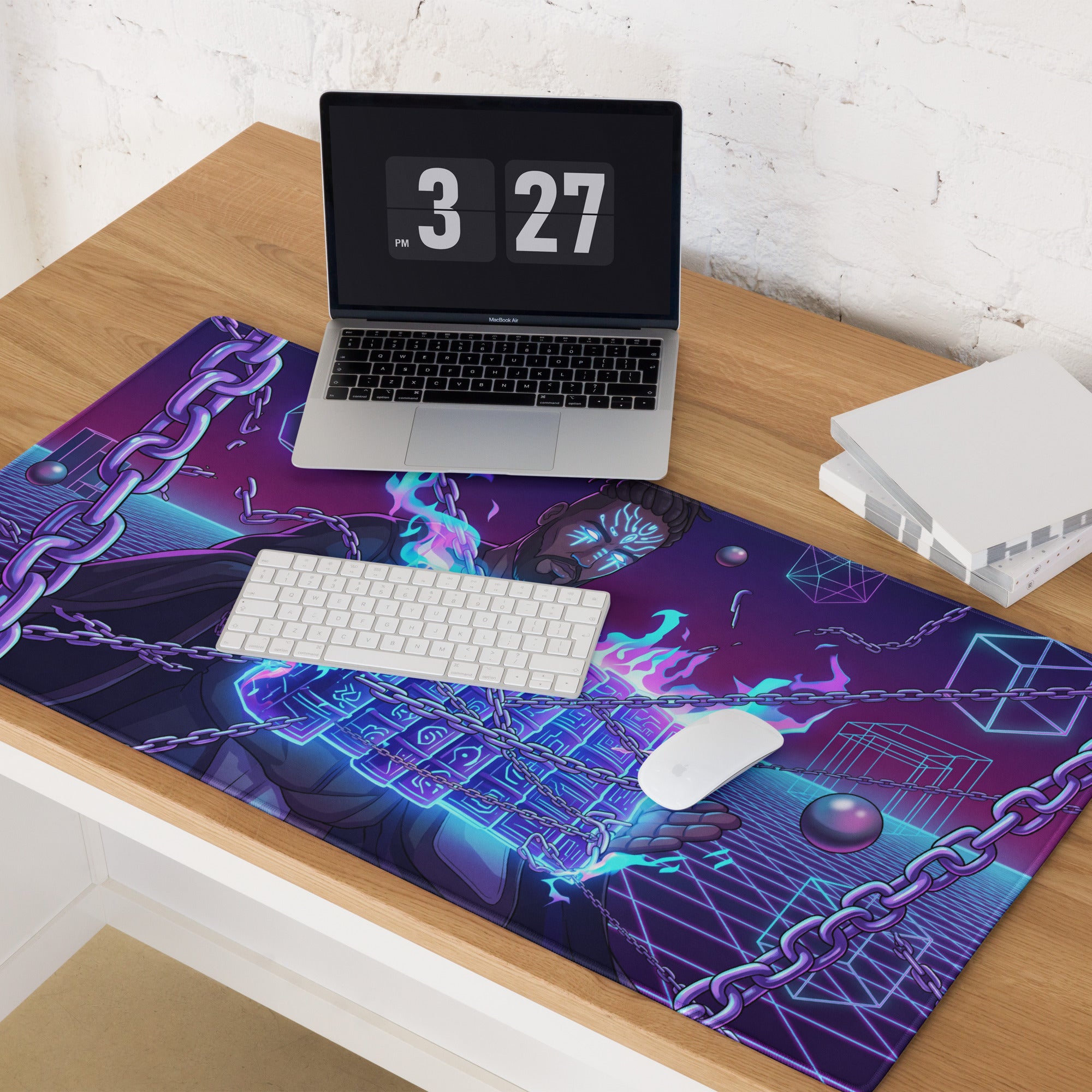 Neon vaporwave warrior gaming mouse pad with vibrant purple and neon blue cyberpunk design featuring chained figure and glowing eyes
