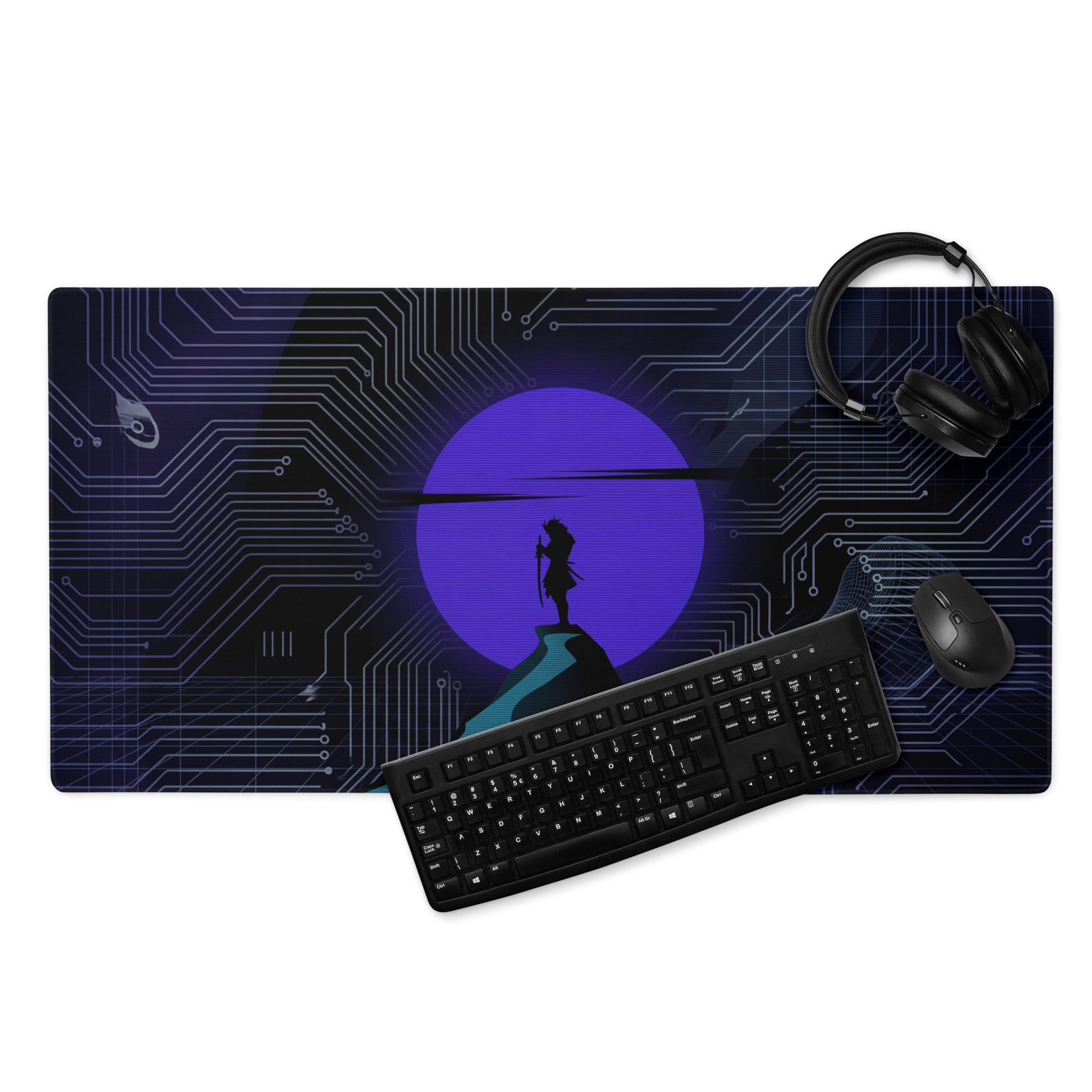 Vaporwave neon circuit mouse pad with dark blue circuit board design purple moon and silhouette for gaming desk use