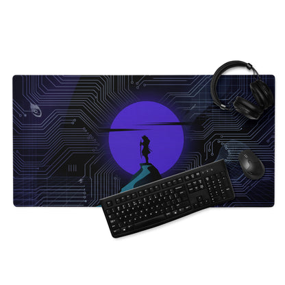 Vaporwave neon circuit mouse pad with dark blue circuit board design purple moon and silhouette for gaming desk use
