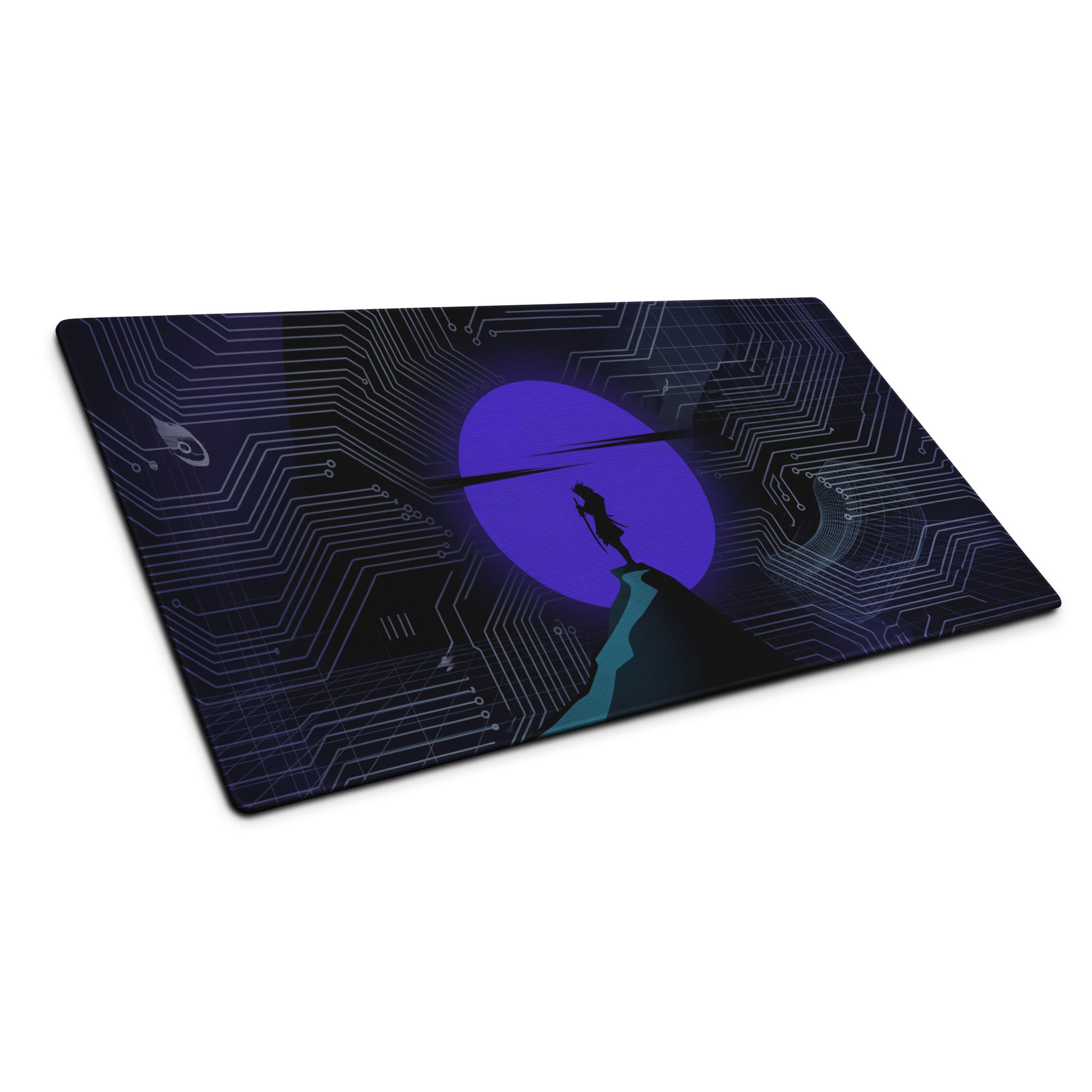 A sleek rectangular vaporwave neon circuit gaming mousepad with dark blue and purple anime silhouette design