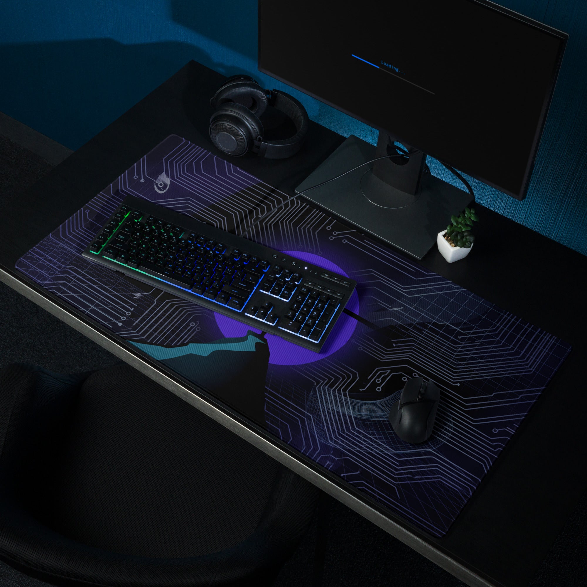 A sleek dark blue vaporwave neon circuit mouse pad with glowing design and purple backlighting for gaming and desk use