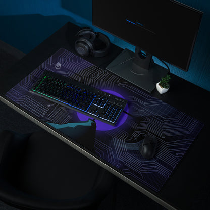 A sleek dark blue vaporwave neon circuit mouse pad with glowing design and purple backlighting for gaming and desk use
